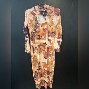 Nina Parker Peach Multi Abstract Cutout Long Sleeve Maxi Dress